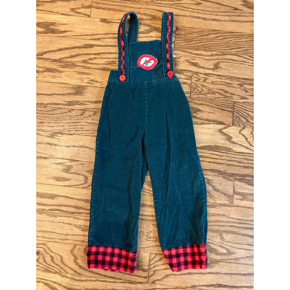 Vintage Thomas Corduroy Overalls‎ Boys 2T Green Red Plaid Lined Made in USA EUC